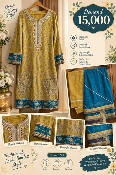 Elegant Mustard & Teal Embroidered 3-Piece Suit – Festive Wear