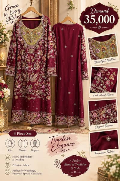 Elegant Maroon & Teal Embroidered 3-Piece Suit – Festive Wear