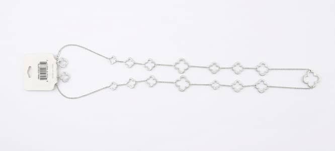 Silver Clover Motif Long Necklace & Matching Earrings Set
