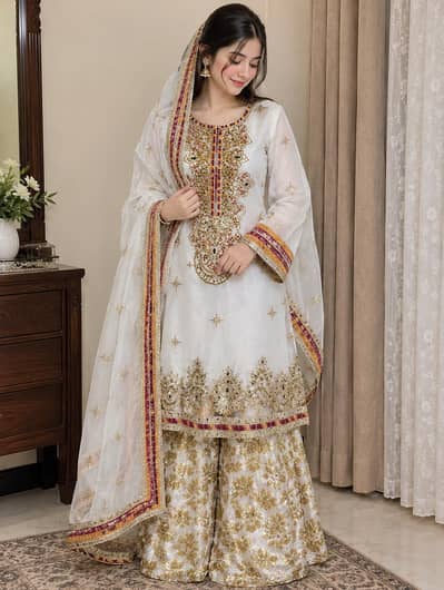 Beautiful White & Golden Embroidered Party Wear 3-Piece Dress