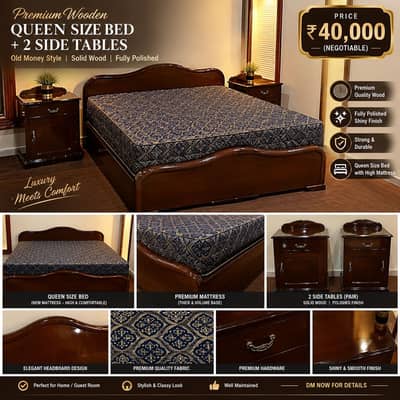 QUEEN SIZE BED + 2 SIDE TABLES | OLD MONEY STYLE | SOLID WOOD POLISHED