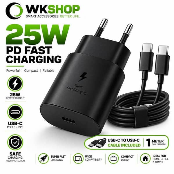 WKSHOP 25W PD Fast Charger + USB-C to USB-C Cable 3A 1M, USB Type-C Power Adapter, PD 3.0 PPS Super Fast Charging, Compatible with Galaxy S25 S24 S23 S22 S21 S20 S10, Note20, A55 A54 A35 A34 A25 A15, Tablets, Earbuds, USB-C Devices, Home Office Travel