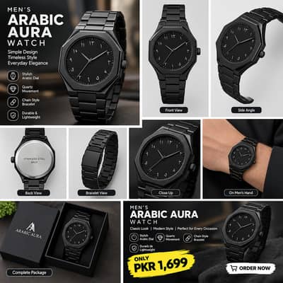 Men's Black Arabic Aura Watch | Stylish Analog Quartz Watch