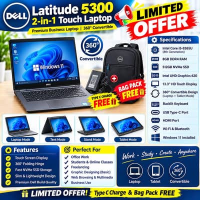 Dell Latitude 5300 2 in 1 I5 8th GEN 8GB RAM 512GB Nvme SSD touch 360°