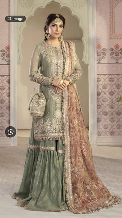 Maria B Gharara – Green & Salmon Pink | Formal Wear