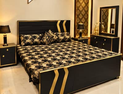 Wooden bed set-double bed set-King size bed-Poslish bed set side tabl