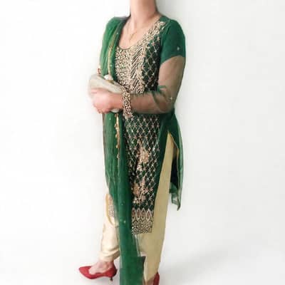 Green Mehndi Dress - Net Heavy Golden Work - Medium - Qila Didar Singh