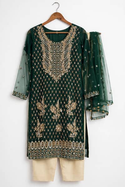 Green Mehndi Dress - Net Heavy Golden Work - Medium - Qila Didar Singh