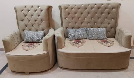 Beige High-Back Diamond Tufted 7 Seater Sofa Set – Pure Shisham Wood