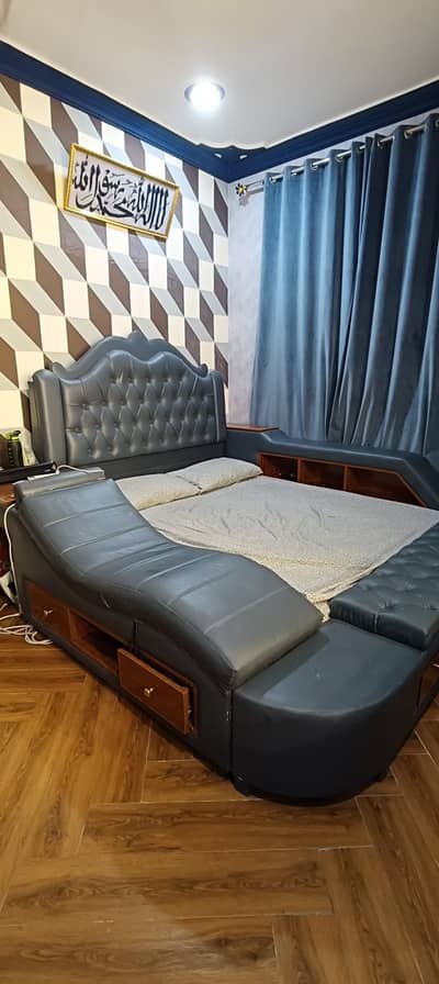 Bed with wood structure and built in Massager