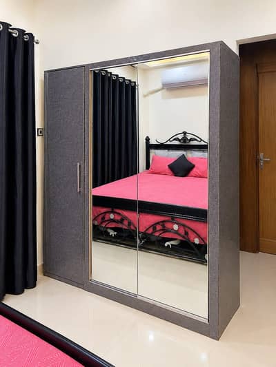 Grey wooden sliding mirror wordrobe