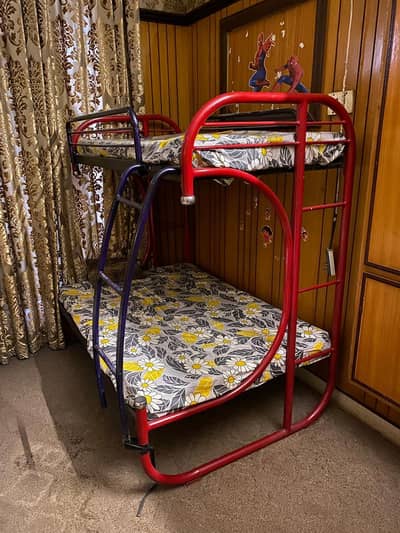 Iron Double Decker Bunk Bed | 2 Beds with Mattresses | Good Condition