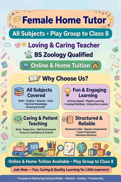 `Female Home Tutor - Play Group to Class 8 - All Subjects`