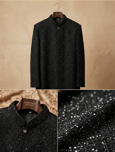 Premium Black Sherwani - Intricate Embro With Mehroon Kula (Size 40)
