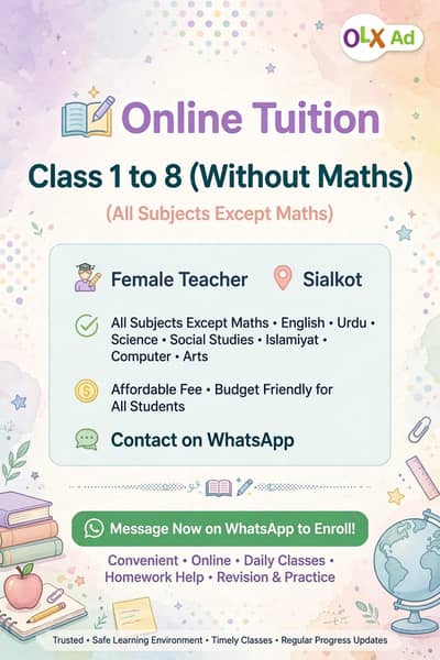 Online tuition class 1 to 8 (except math) Female tutor _ Sialkot