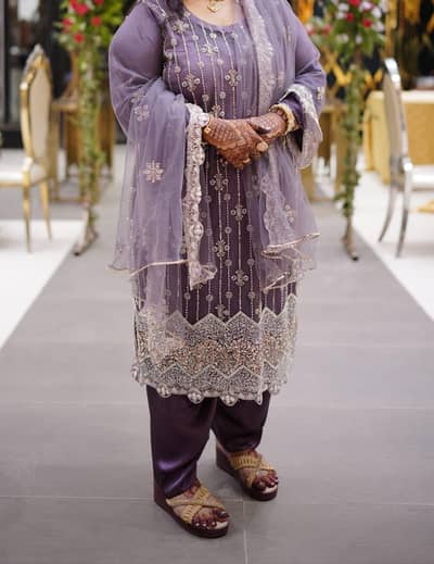 Elegant Purple Embroidered 3-Piece Suit with net work Dupatta