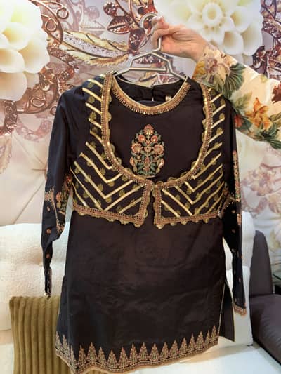 Black Embroidered 2 Piece Suit with Embellished Jacket