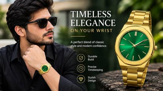 Men’s Gold-Tone Green Dial Watch — Timeless Elegance