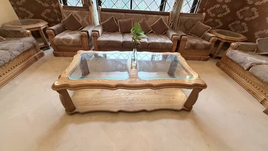 Large Wooden Centre Table + 3 Matching Corner Tables – Glass Top – Rs