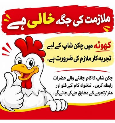 کہوٹہ میں چکن شاپ کے لیے تجربہ کار ملازم کی ضرورت ہے