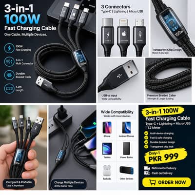 3-in-1 100W Fast Charging Cable | Type-C + Lightning + Micro USB | 1.2