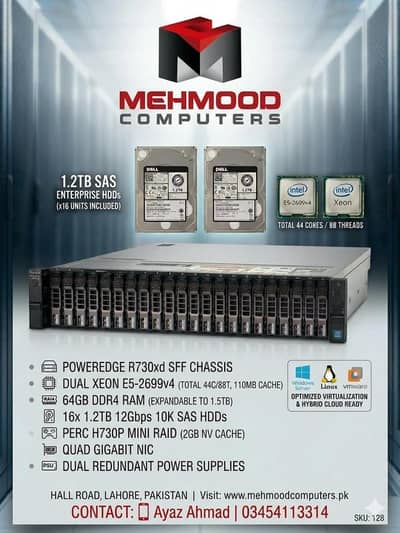 Dell Power Edge R730xd E52699v4 Dual 64GbRam 1.2Tb