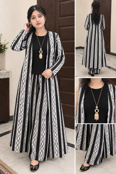 Black & White Printed 2-Piece Dress | Long Shrug + Wide Leg Trouser