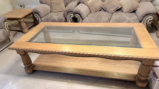 Large Wooden Centre Table + 3 Matching Corner Tables – Glass Top – Rs
