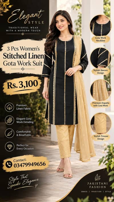 3 Pcs Women's Stitched Linen Gota Work Suit | Black & Golden