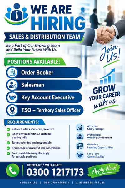 Sales & Distribution Staff Required – Order Booker, Salesman, KAE