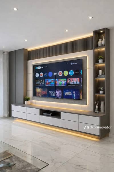 Media Wall / fire place / Kitchen Cabinets / PVC Cabinets / home deco