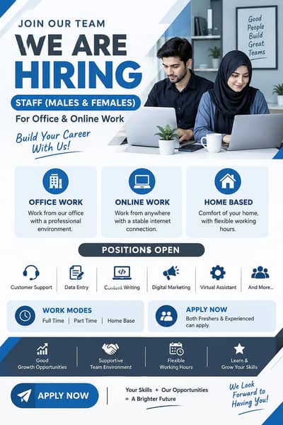 Hiring staff Males and Females for Work.