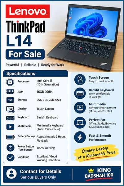 Lenovo ThinkPad L14 – 10th Gen -i5 -16 gb ram-Nvm256gb