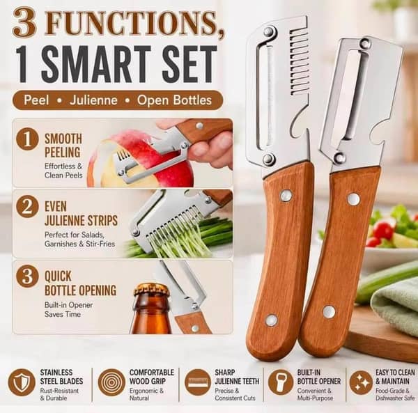 T  3 In 1 Stainless Steel Vegetable Peeler & Julienne Cutter with Wooden Handle | Multifunctional Vegetable Peeler | Fruit Peeler Potato Carrot Cucumber Slicer | Bottle Opener Kitchen Tool