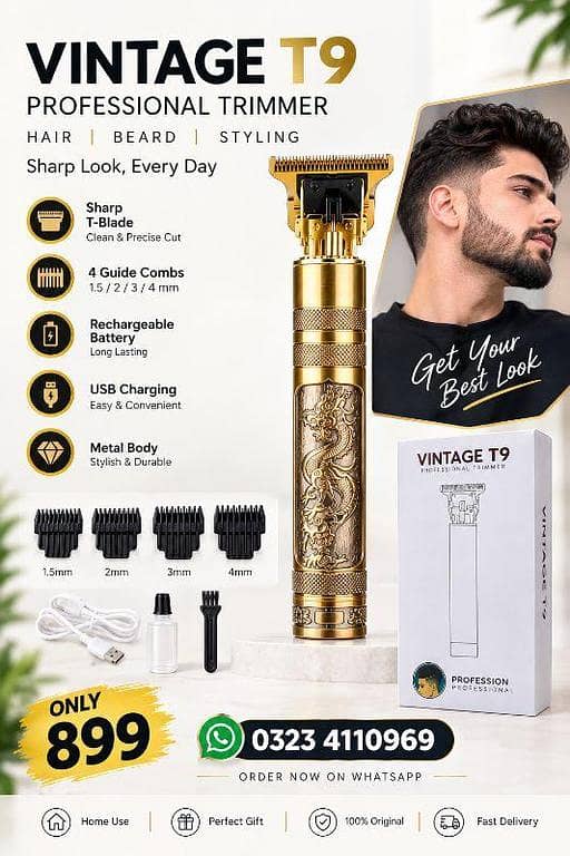 Vintage T9 Professional Hair & Beard Trimmer – 4 Combs