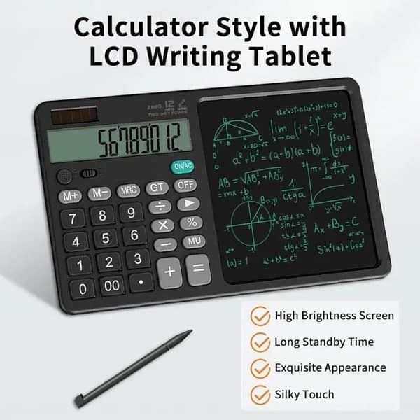 T  2 in 1 Calculator with Writing Pad for Shop, Office & School - 12 Digit Electronic Calculator with 6-Inch LCD Tablet, Stylus Pen - Soft-Touch Buttons, Solar & CR2025 Battery, Dust & Ink Free Notepad