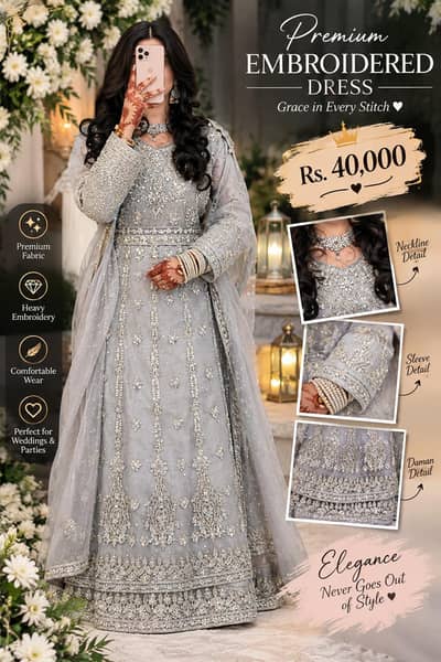 Premium silver gray Bridal Dress Heavy Embroidery Fancy wedding Party