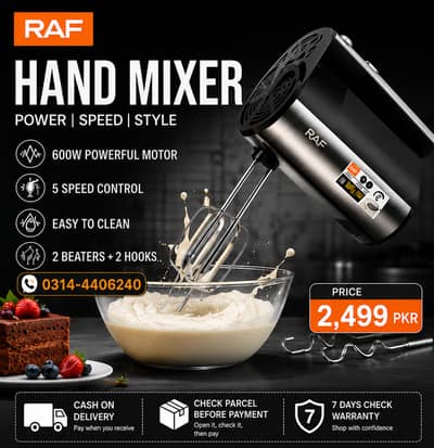 RAF Electric Hand Mixer 600W | 5-Speed + Turbo | Egg Beaters & Dough