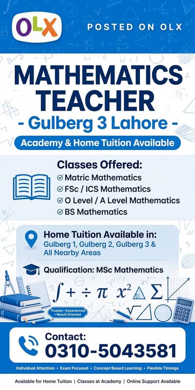 Home Tutor for Mathematics - Gulberg 1 2 3 - Matric to BS Level
