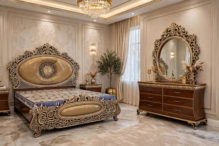 Royal Golden Oval Bridal Bed Set 4 Piece - King Size - Sheikhupura
