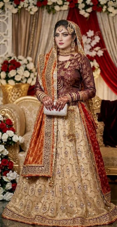 Bridal Sharara Set - Maroon Shirt & Golden-Orange Dupatta (Used Once)