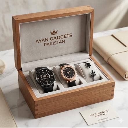 Couple Watches Set for Men and Women - Black Leather Strap Quartz Wrist Watch Set with FREE Black Stainless Steel Leaf Logo Bracelet R5827