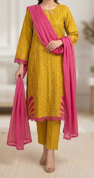 Mustred colour dress with pink dupatta