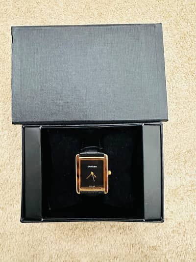 cartier style rectangular watch_black dial_leather strap