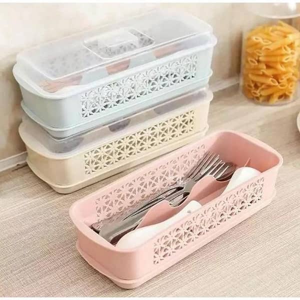 T  Double Layer Spoon Fork Chopsticks Storage Cover Box With Drainer - Spoon Knife Fork Box With Lid Draining Tray