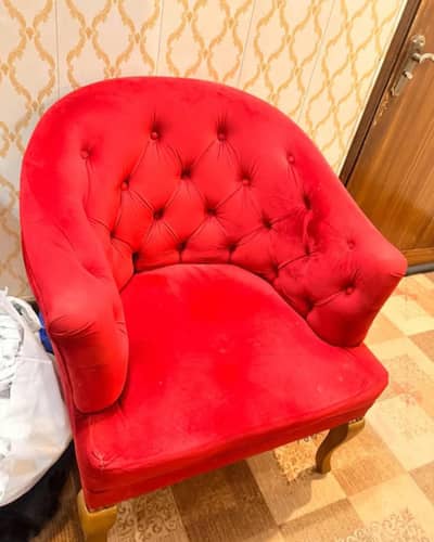 Luxury Red Velvet Accent Chair with Matching Glass Top Table Set