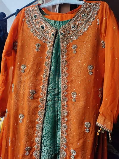 Elegant Orange & Green Heavy Embroidered Party Wear Dress”