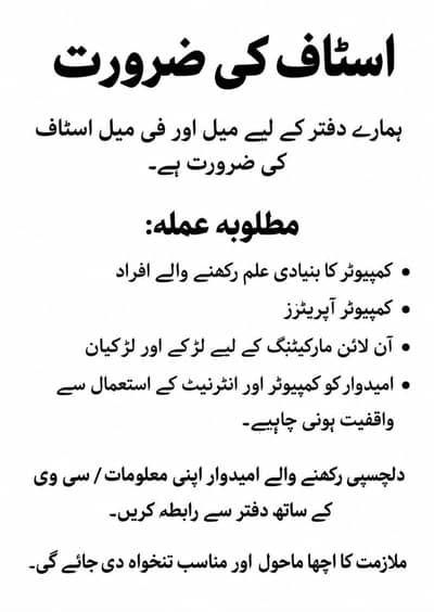 male & female staff Ki need Hai