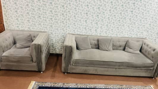 Comfortable 5-Seater Grey velvet Sofa Set + Solid Wooden Center Table