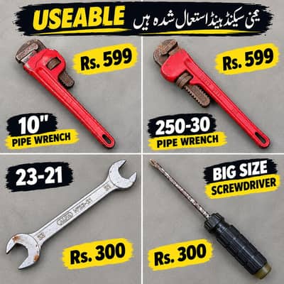 Used Pipe Wrench, Spanner & Big Size Screwdriver – Tools Combo